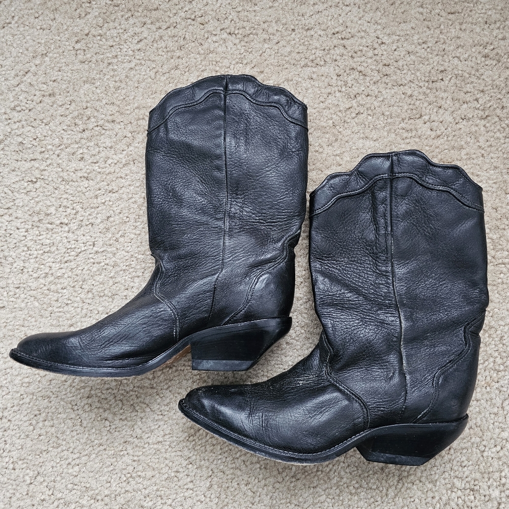Vintage Zodiac black genuine leather mid calf cowboy boots pointed toe size 6